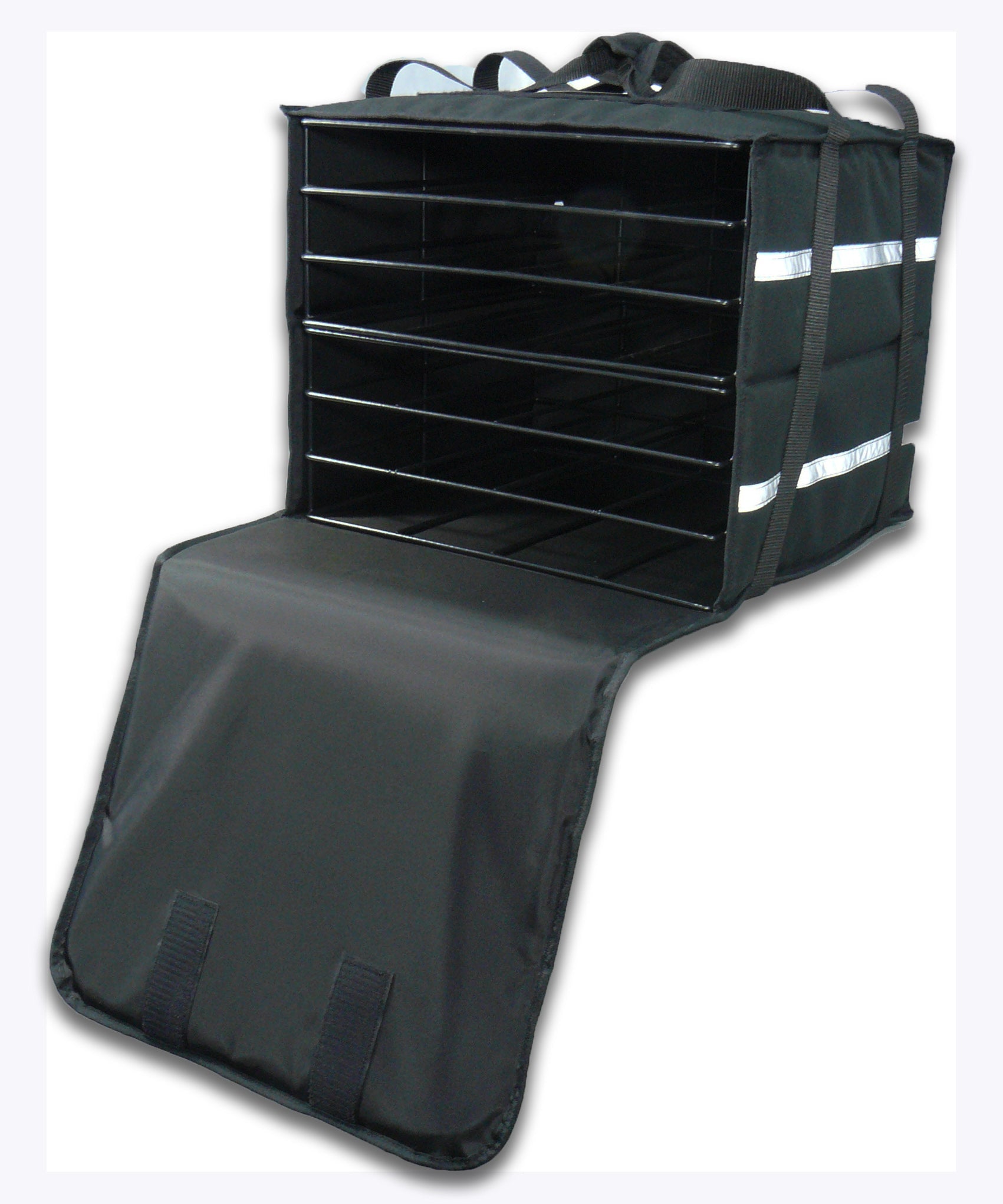 Pizza Bag to fit 6 Pizzas. Black with Reflector Tapes - BagMasters Australia