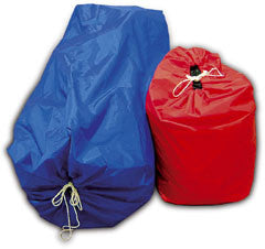 Blue and red commercial-grade drawstring laundry and storage bags in heavy-duty polyester, shown filled and cinched closed
